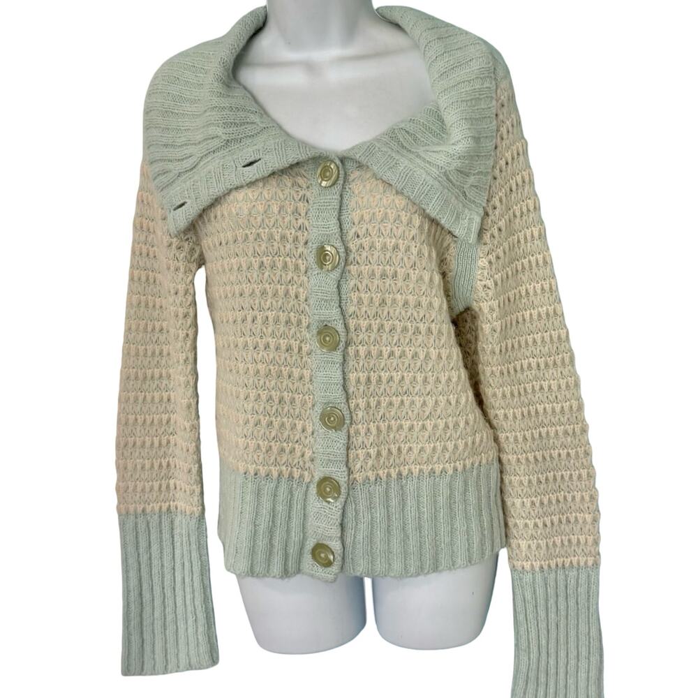 Free People Mint Cream Two Tone Open Knit Alpaca Blend Button Up Cardigan size L